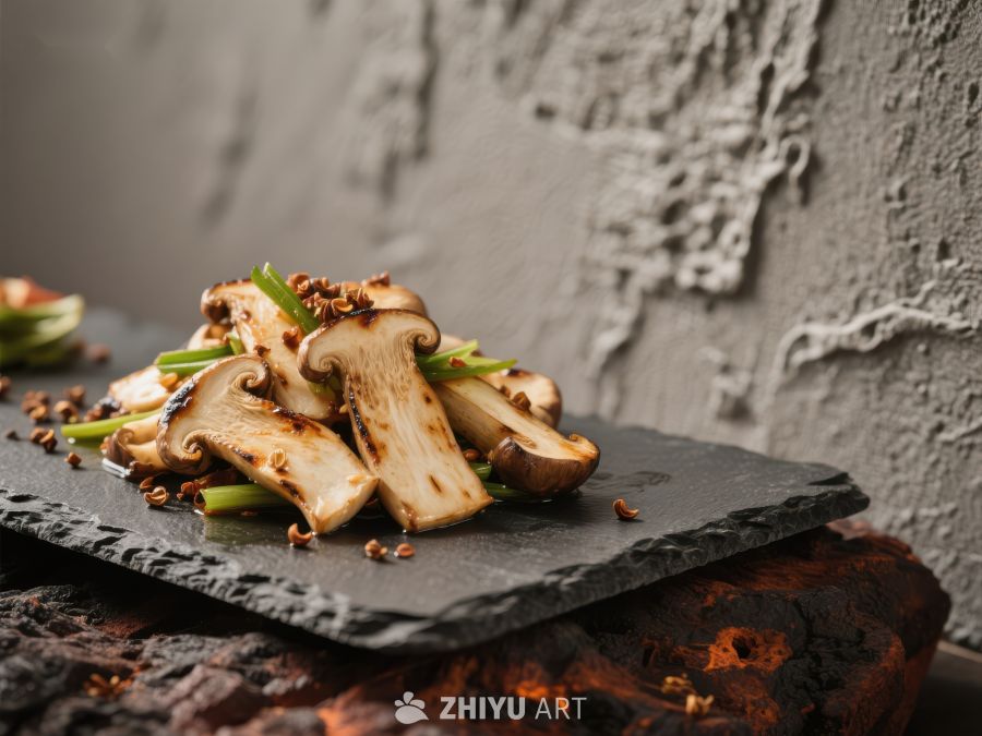 烤制蘑菇配青葱，置于石板之上 611