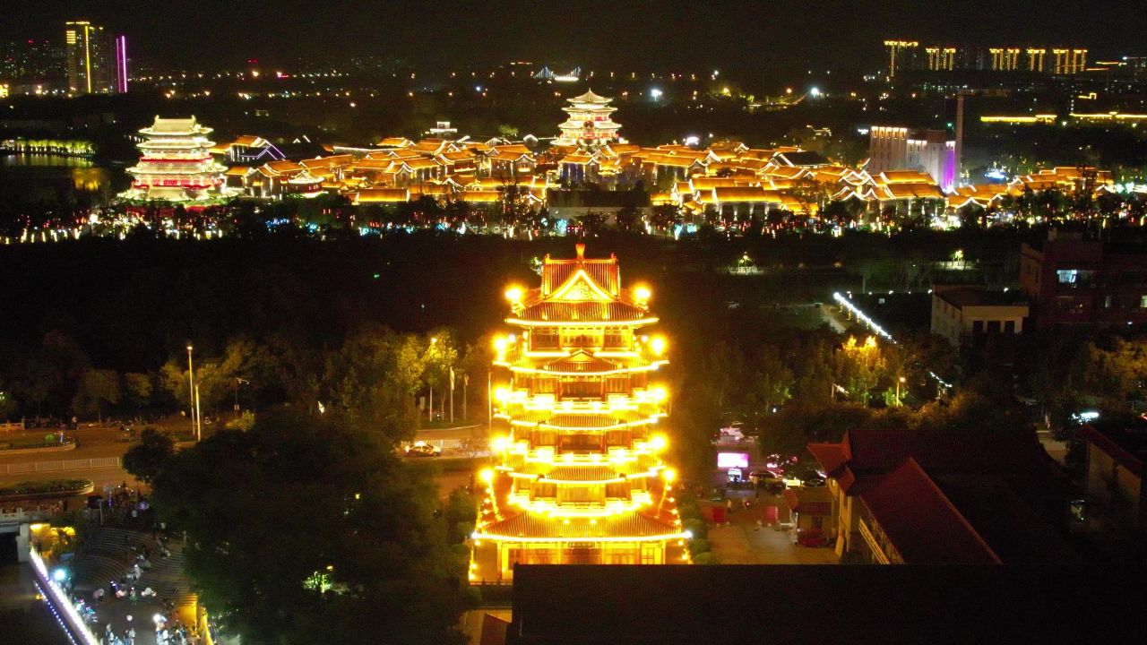 河北沧州城市夜景灯光航拍