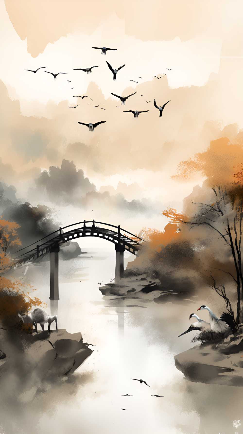 古风黑白桥山水画