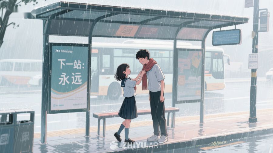 雨中公交站，少女为少年系围巾 637