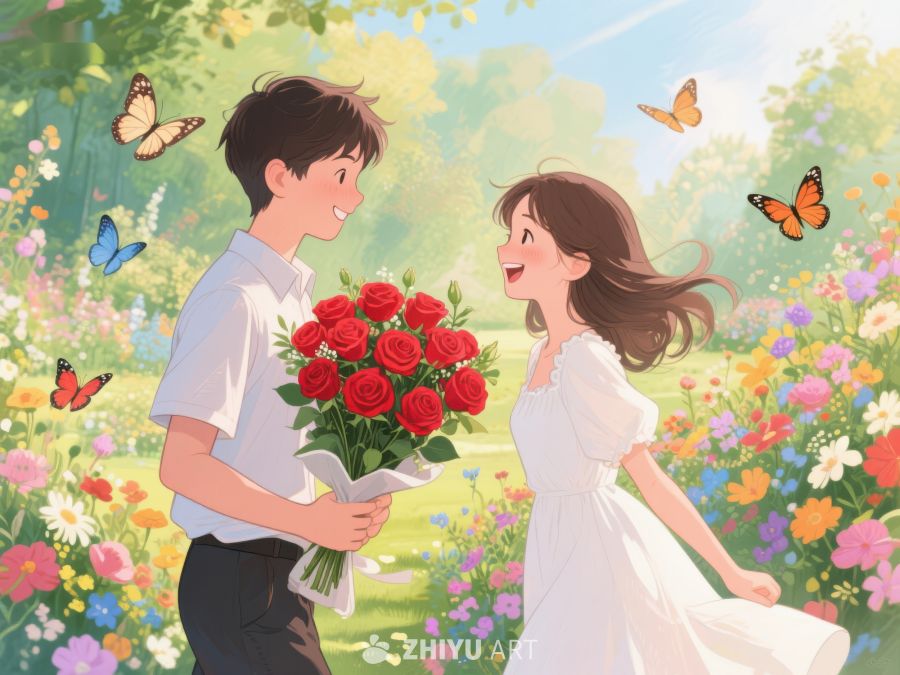 花丛中情侣相视而笑 330