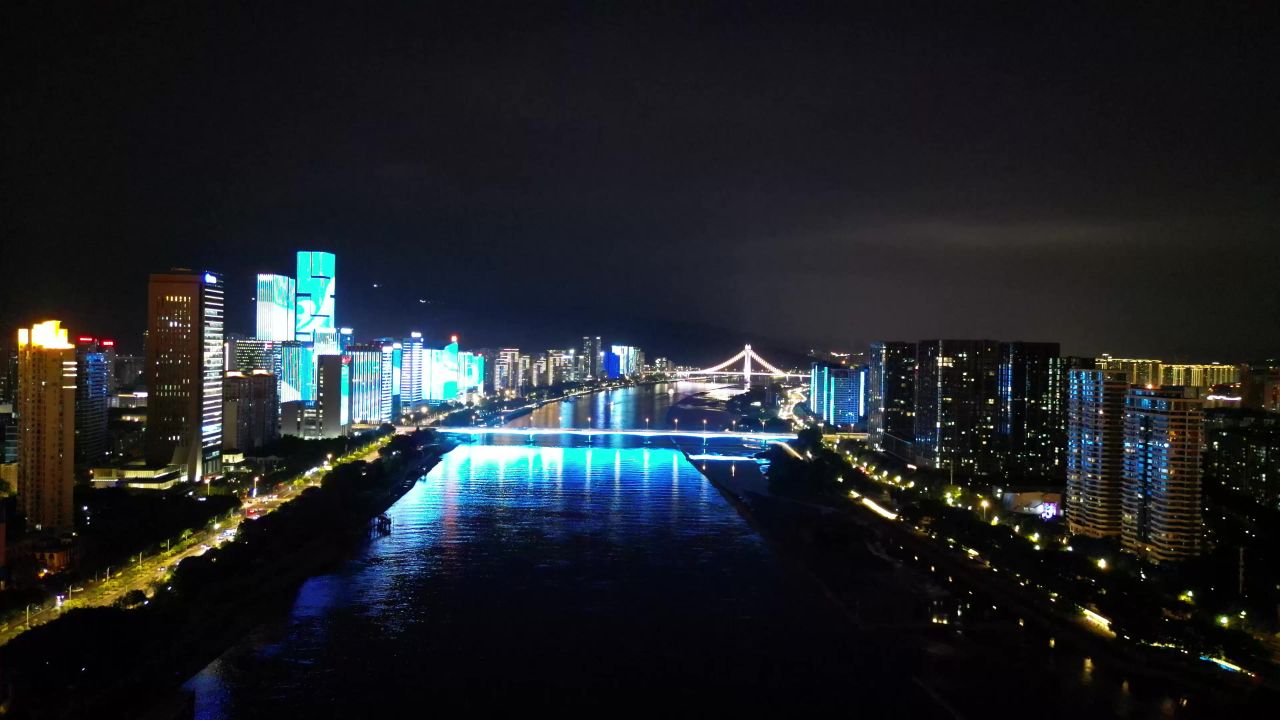 航拍福建福州闽江两岸夜景灯光