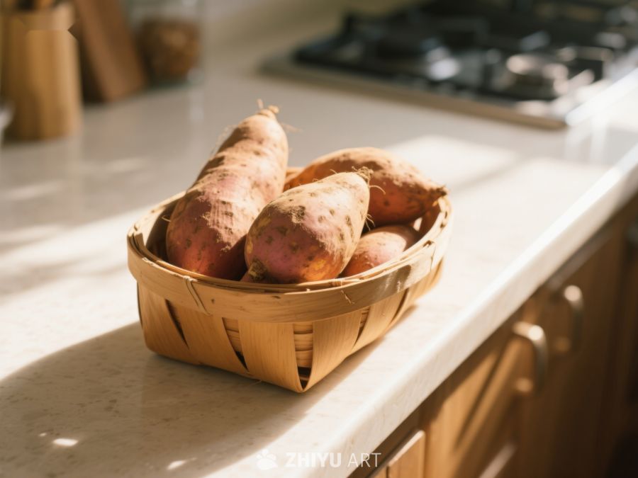 篮子里的红薯置于厨房台面 208