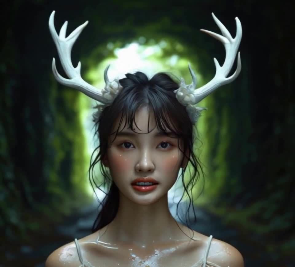 戴鹿角头饰的亚洲女子在森林小路中凝视