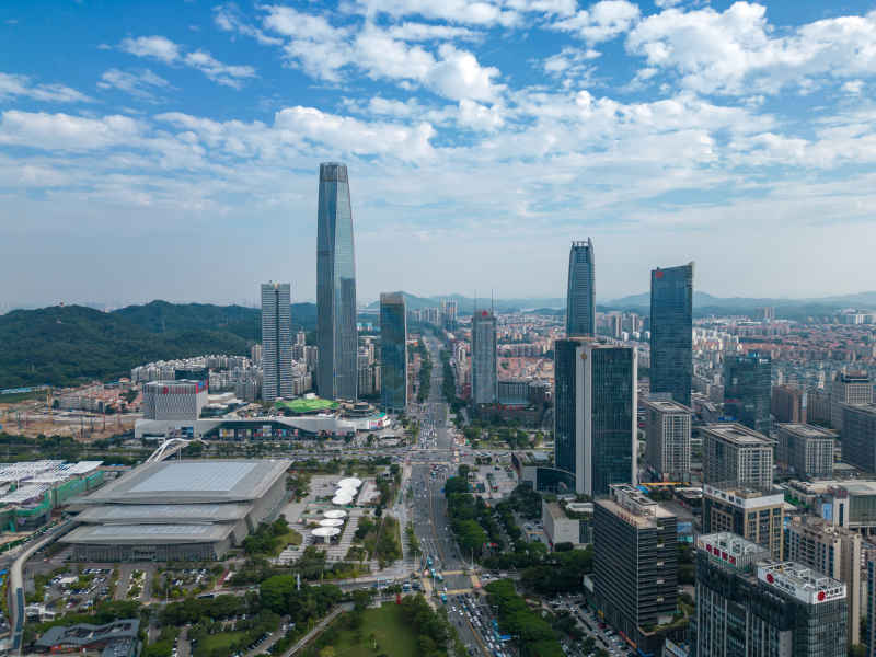 航拍广东东莞市民中心东莞国贸中心东莞鸿福路