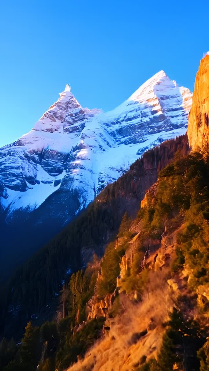 雪山山脉雄伟地矗立在晴朗的蓝天之下，山顶覆盖着皑皑