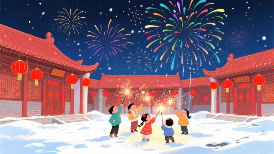 冬夜烟花下的欢庆场景 201