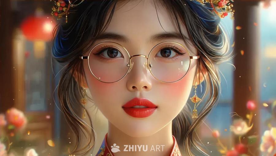 一个年轻的中国女孩戴着金边眼镜，涂着红色口红。她的