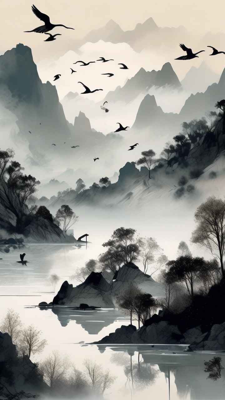 国风山水鹤插画背景 65