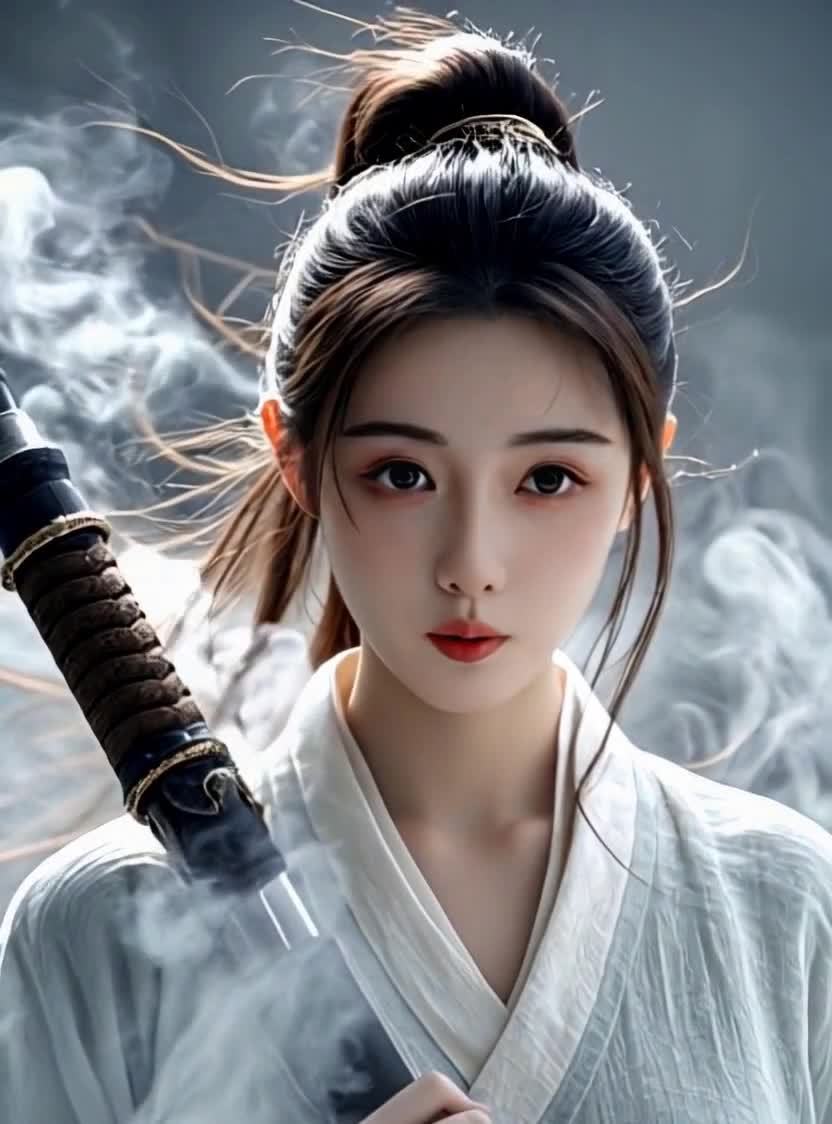 一位身穿白色汉服的女子，手持长剑。女子发髻高挽，两