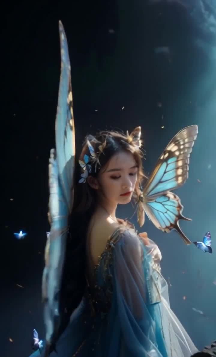 蓝翼少女：蝴蝶翅膀与蓝色长裙的梦幻之美