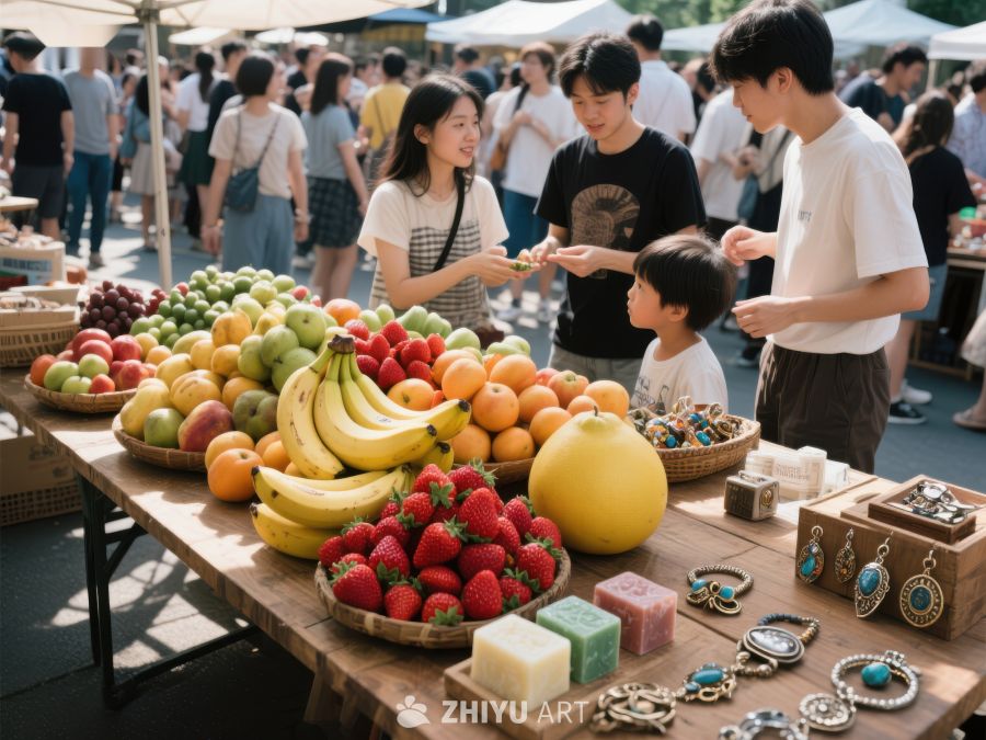 市集摊位前的温馨家庭时光 513