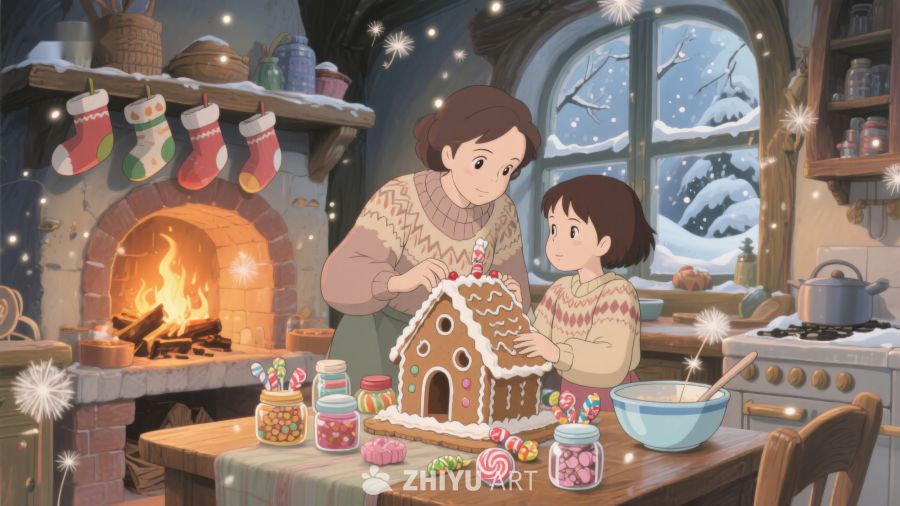 温馨厨房里的姜饼屋制作 247