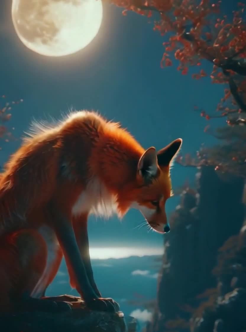 月夜下的红狐与红叶，静谧与神秘景象