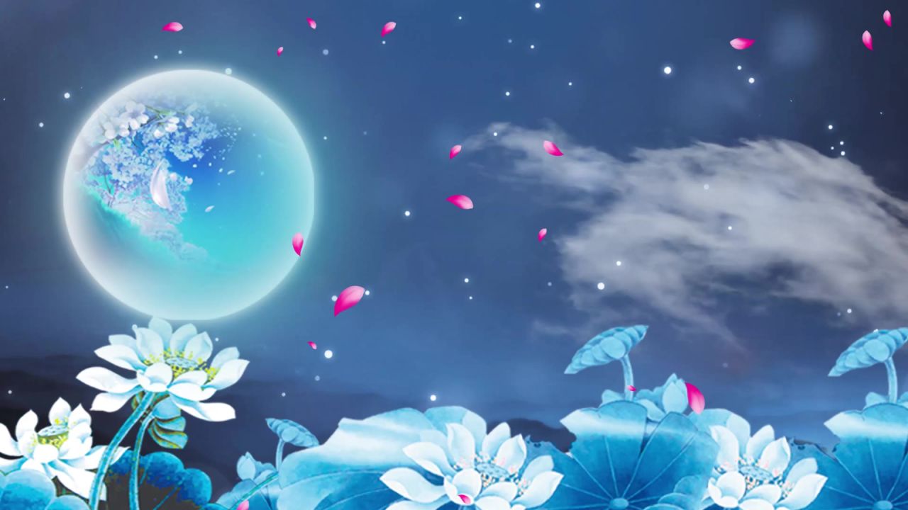 唯美大海上升月亮白月光蓝色夜空圆月明月大屏幕舞台LED视频  38