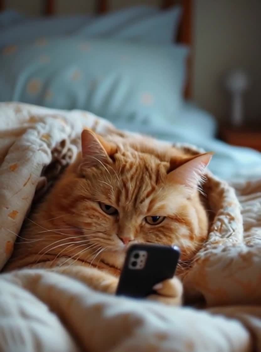 橙色猫咪床上盖毯玩手机，专注又惬意。