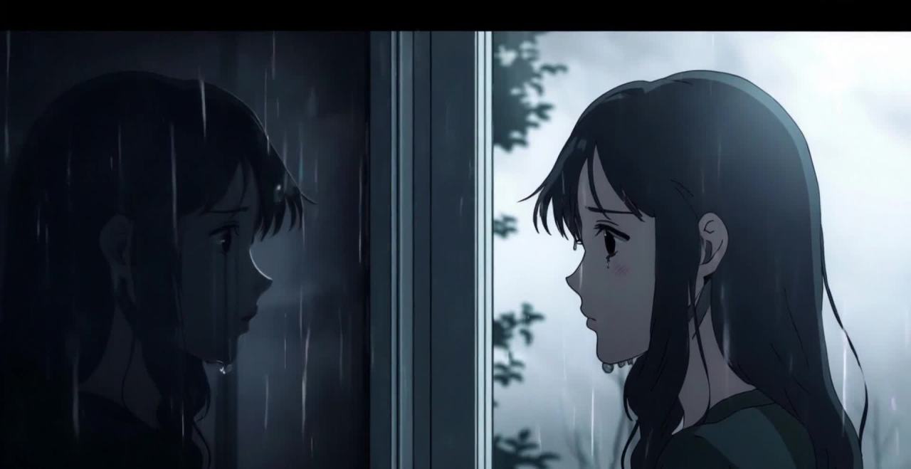 窗前女孩落泪，雨水和倒影交织，孤寂的画面。