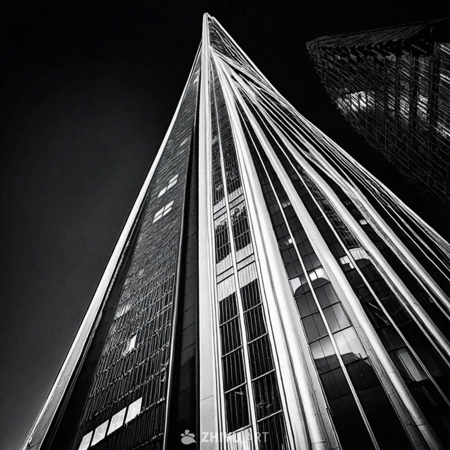 一座高耸的现代建筑，外表光滑。建筑由玻璃构成，呈现