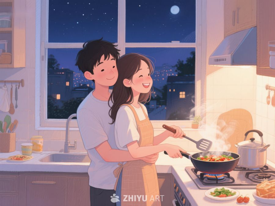 温馨厨房夜景，情侣共度烹饪时光 723