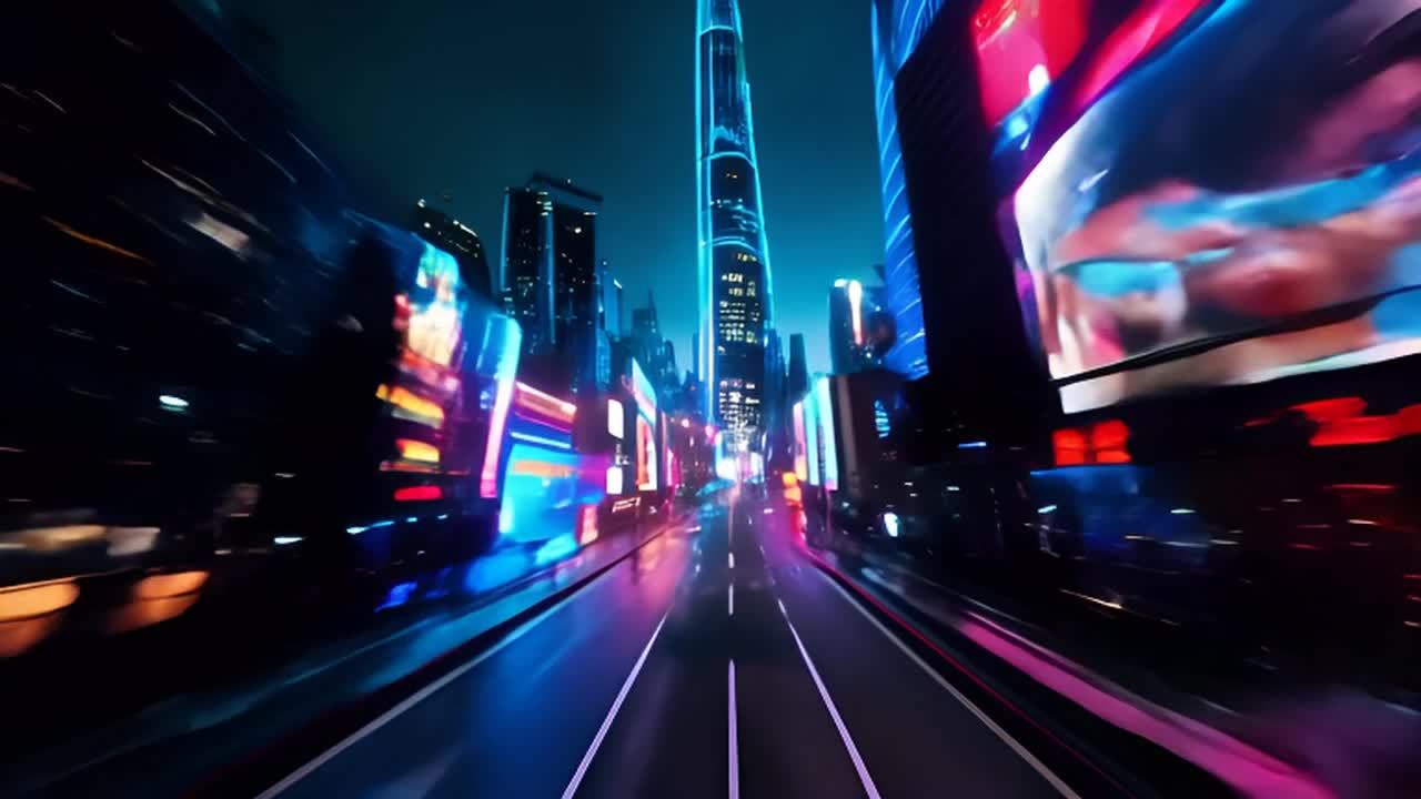 夜晚霓虹灯闪烁的赛博朋克城市，摄像机快速滑过繁忙的