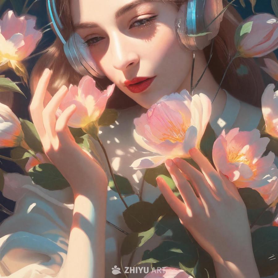 一个女孩戴着耳机，被盛开的鲜花簇拥。柔和的阳光透过