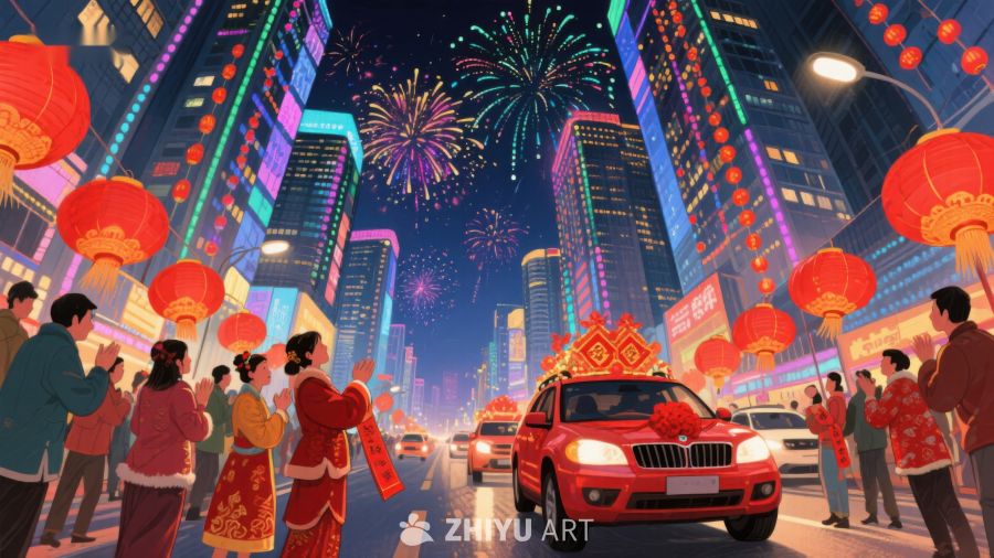 夜景城市庆祝，烟花与红灯映衬 1183