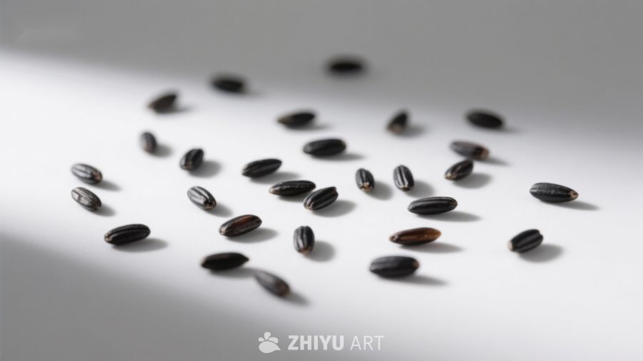 黑色种子散落于白色背景