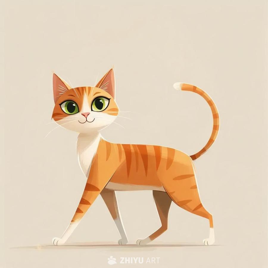 一只卡通风格的可爱小猫正在行走。小猫体型纤细，具有