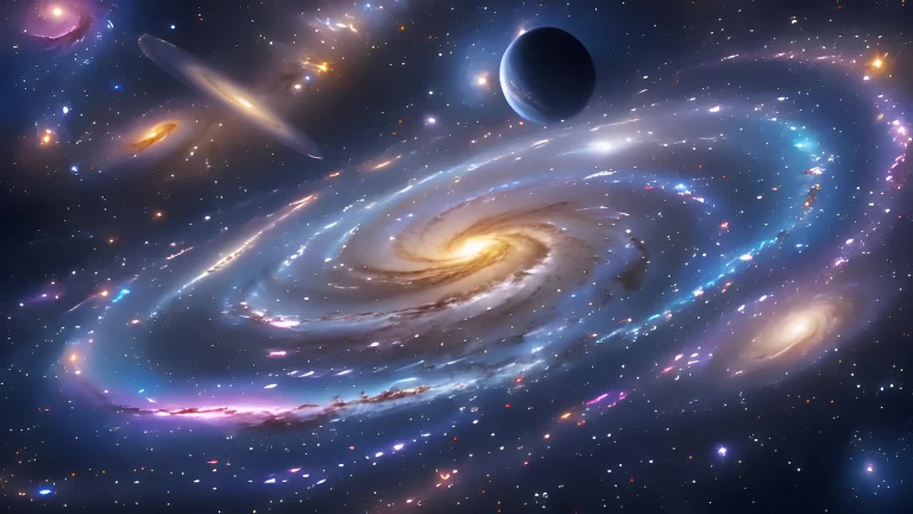 一个星系呈现出螺旋形状，中心呈明亮的黄色，并逐渐向