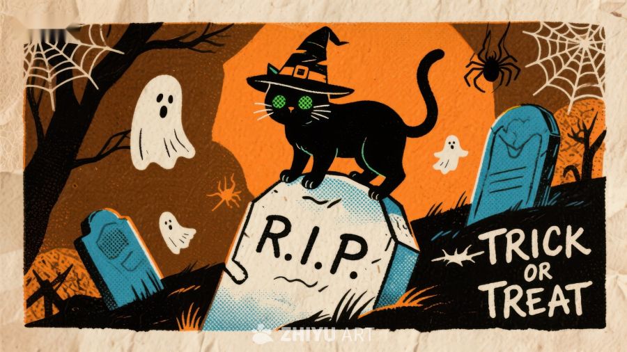 万圣节墓地黑猫与幽灵插画
