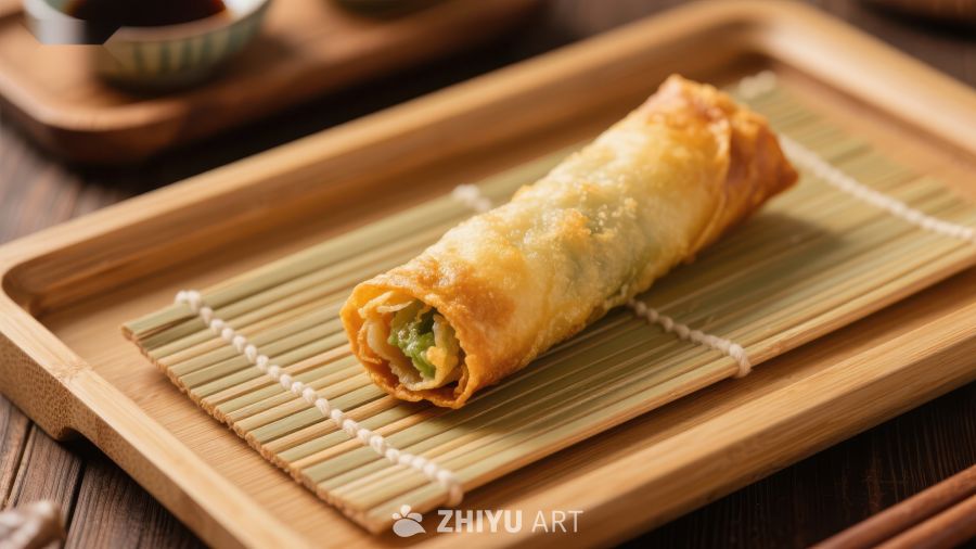 金黄酥脆的春卷置于竹席之上