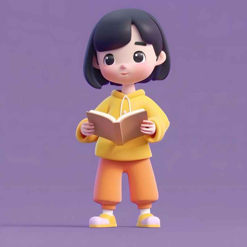女孩手拿着一本书，穿着黄色夹克和橙色裤子 8