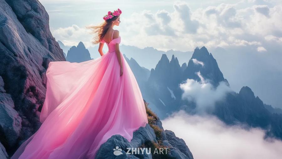 一位美丽的公主女子身穿粉色公主裙，雄伟地站在山顶上