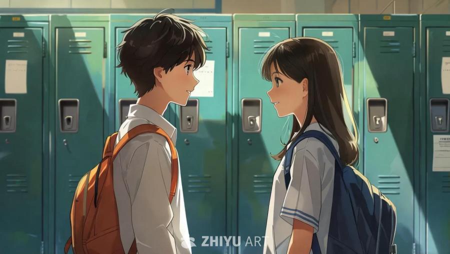 一个动漫风格的青少年男孩和一个青少年女孩站在学校的