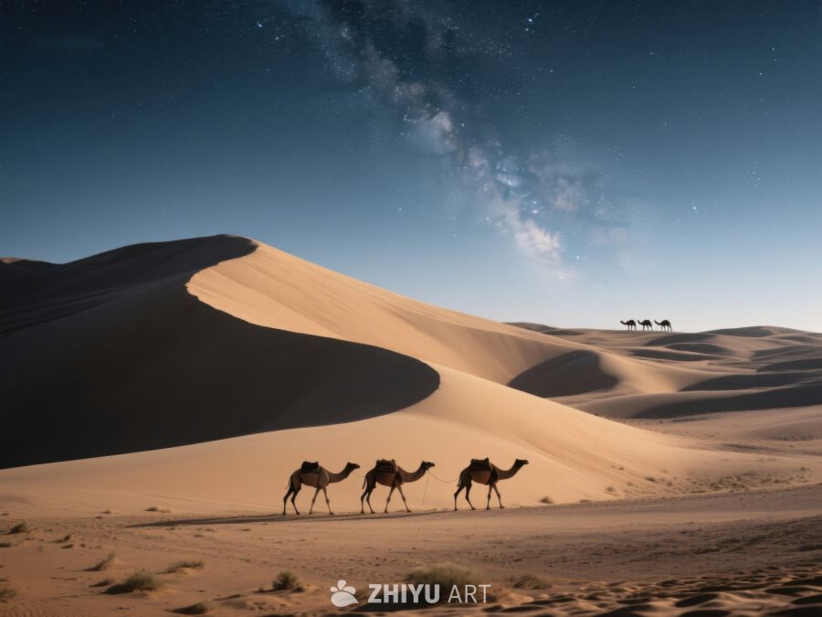 沙漠夜景：骆驼行进在星空下 72