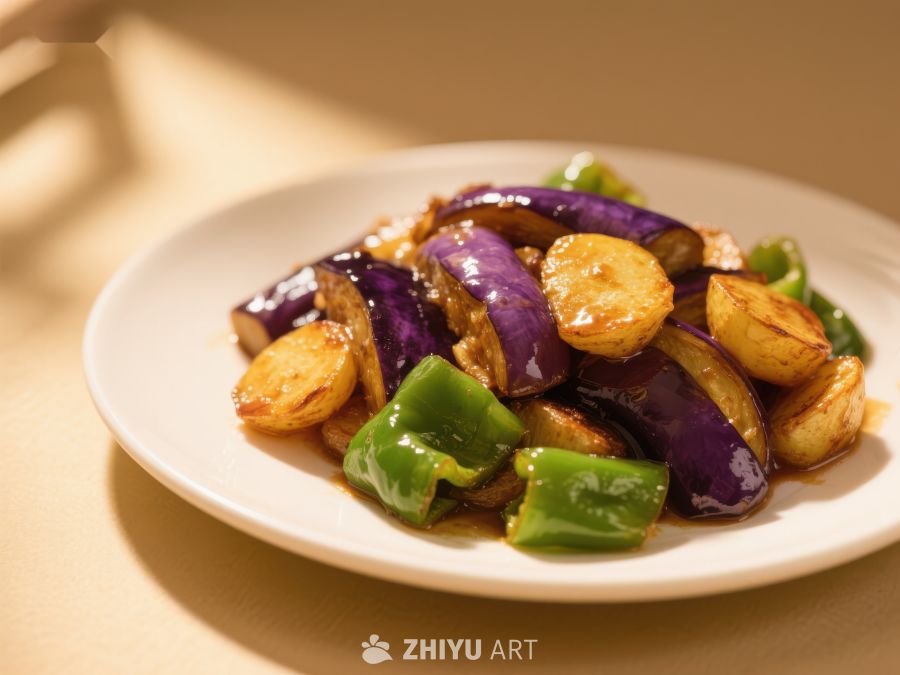 炒茄子配青椒和土豆 43