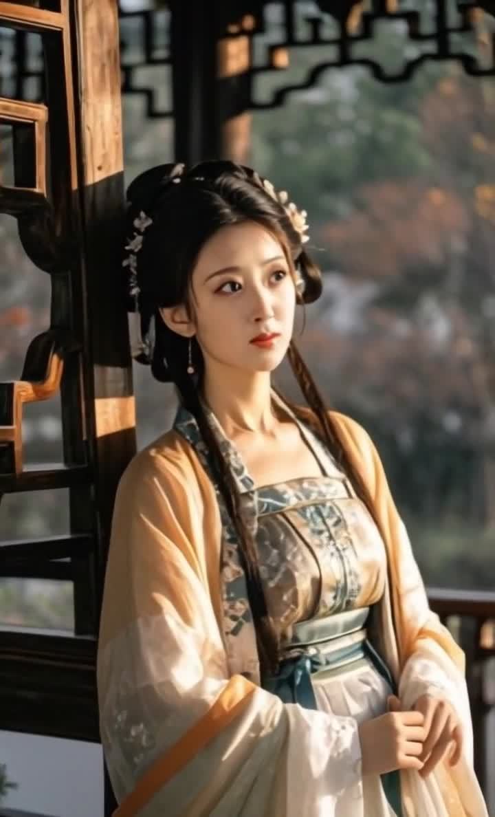 一名身着传统服饰的年轻女子站在木质结构的窗边，她的