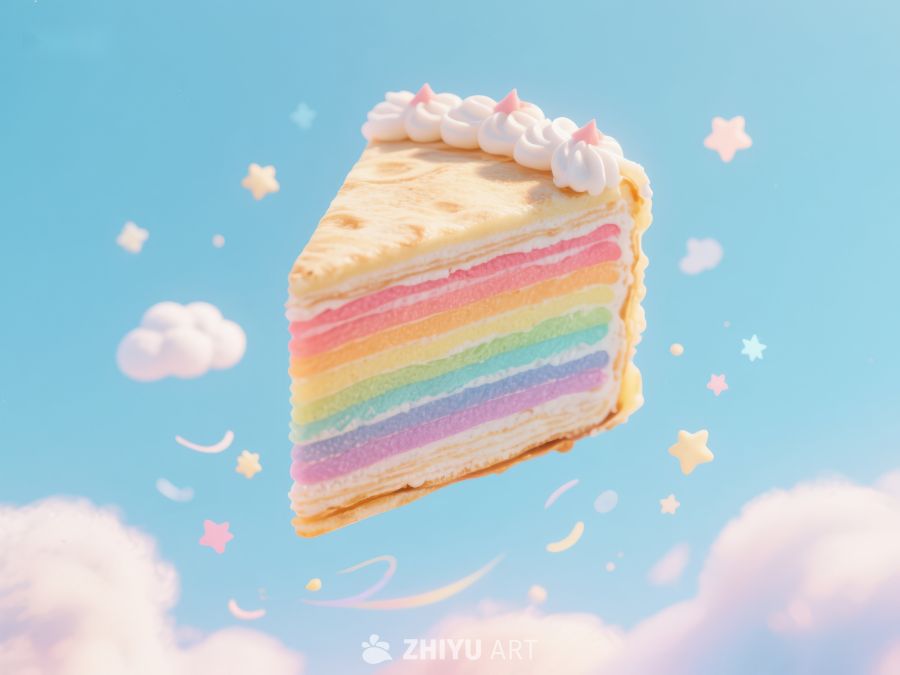 彩虹蛋糕切片，梦幻天空背景