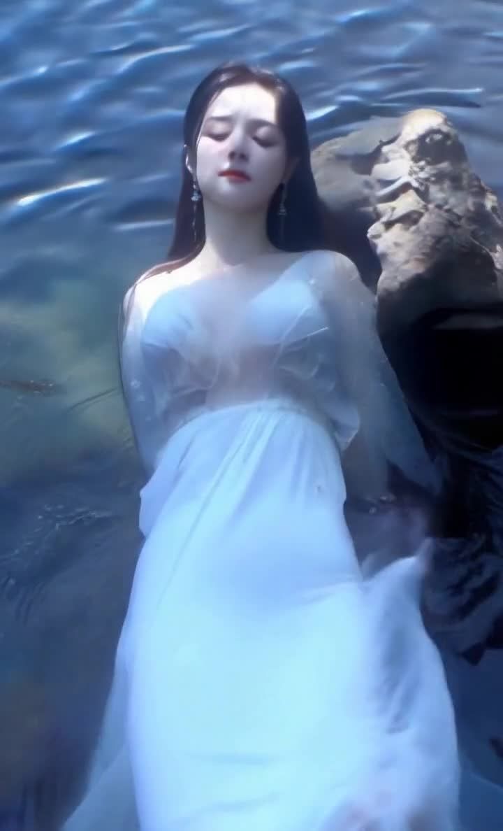 水中长发女子静卧，白色长裙朦胧唯美氛围。