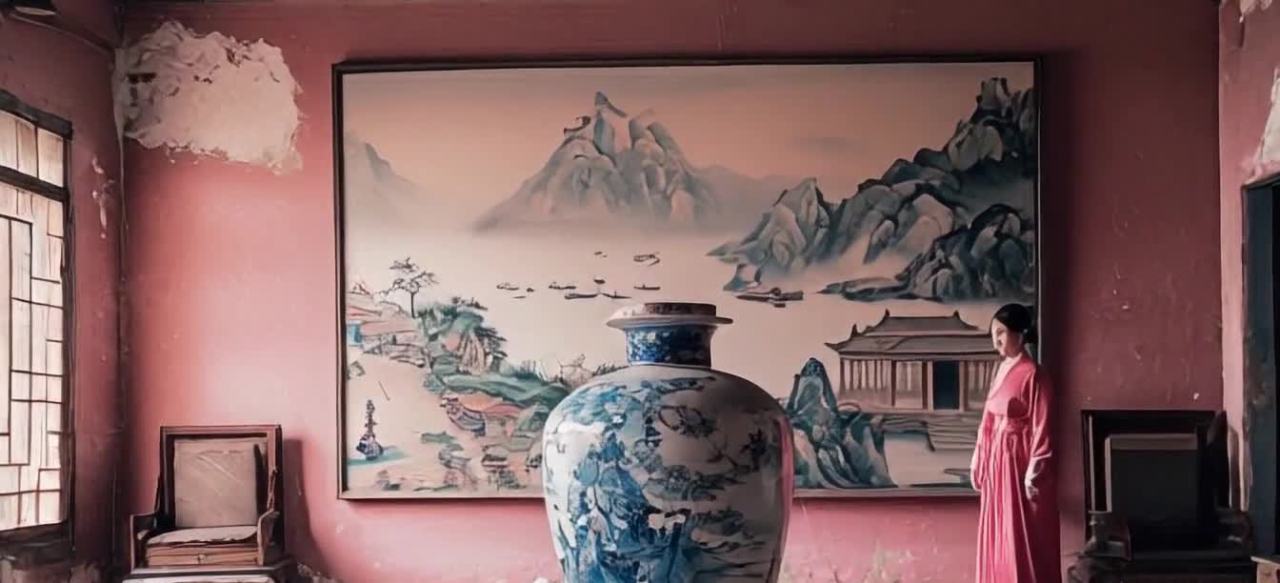 一个女人站在房间里，她穿着粉色的长袍，身后是墙上挂