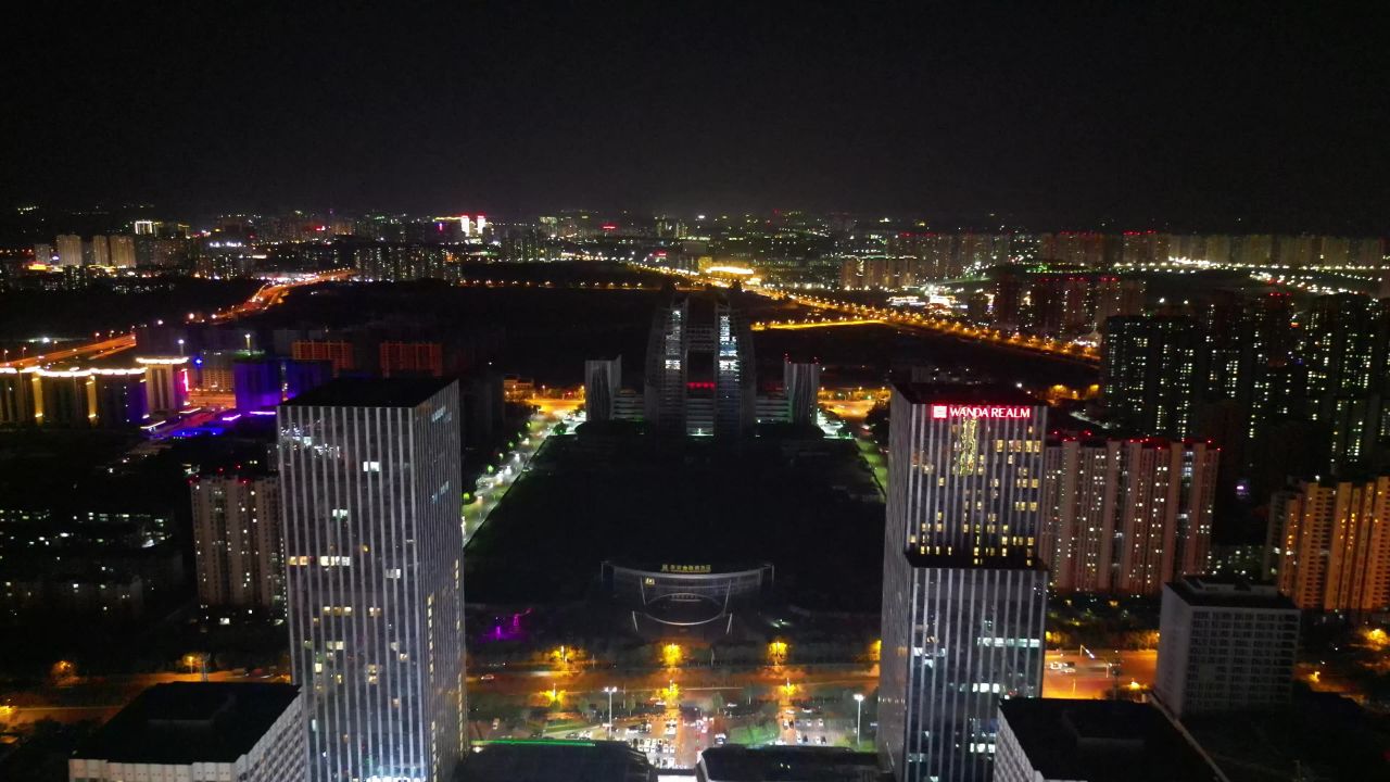  航拍山东泰安万达广场夜景