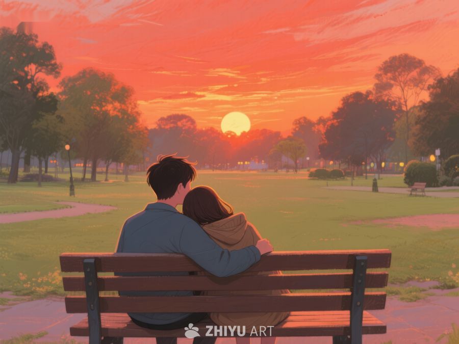 夕阳下公园长椅上的温馨时刻 931