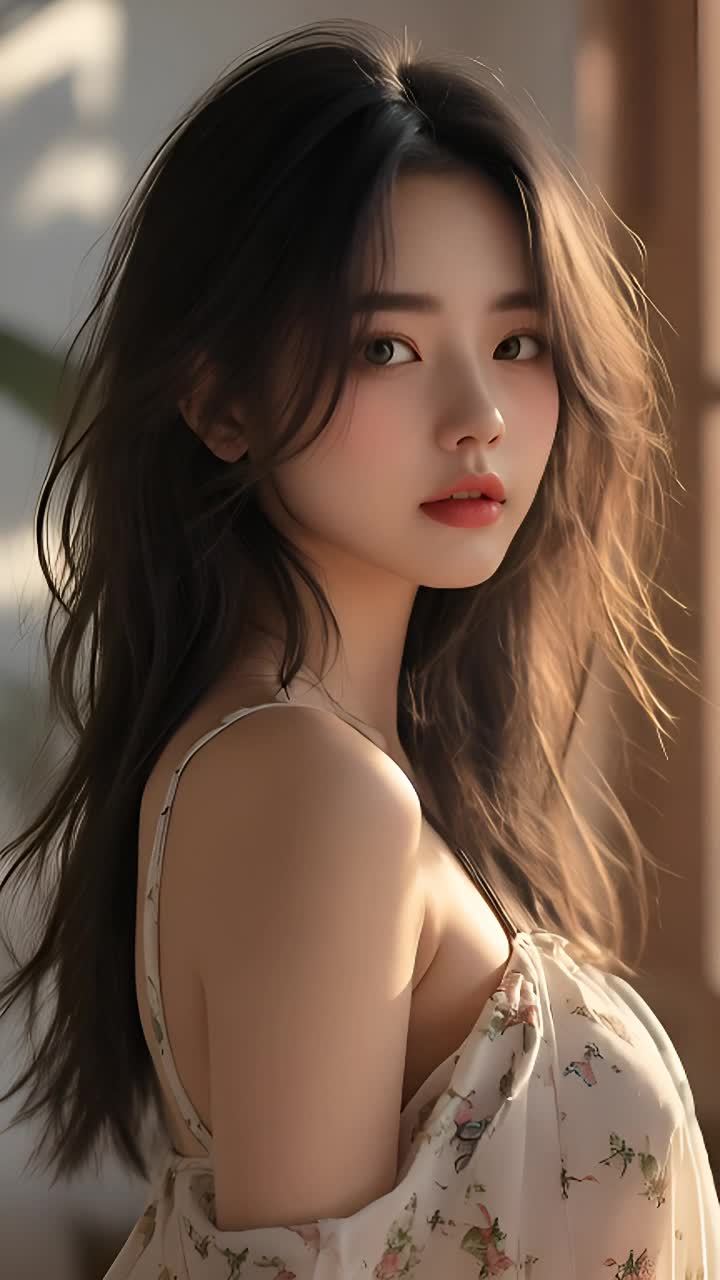 一个有着黑色长发的年轻女子，穿着带有花卉图案的吊带