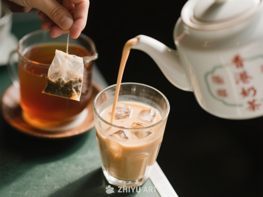 奶茶倒入冰块，茶包悬挂一旁 726