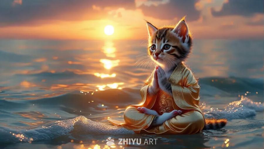 海面上，一只拟人化的小猫身穿金色长袍，双腿盘坐，双