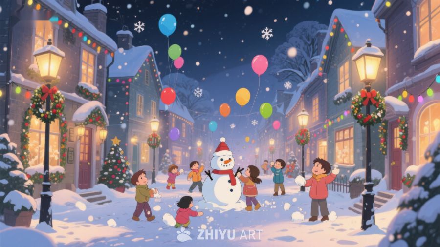 雪夜欢庆，孩童与雪人共度圣诞 376