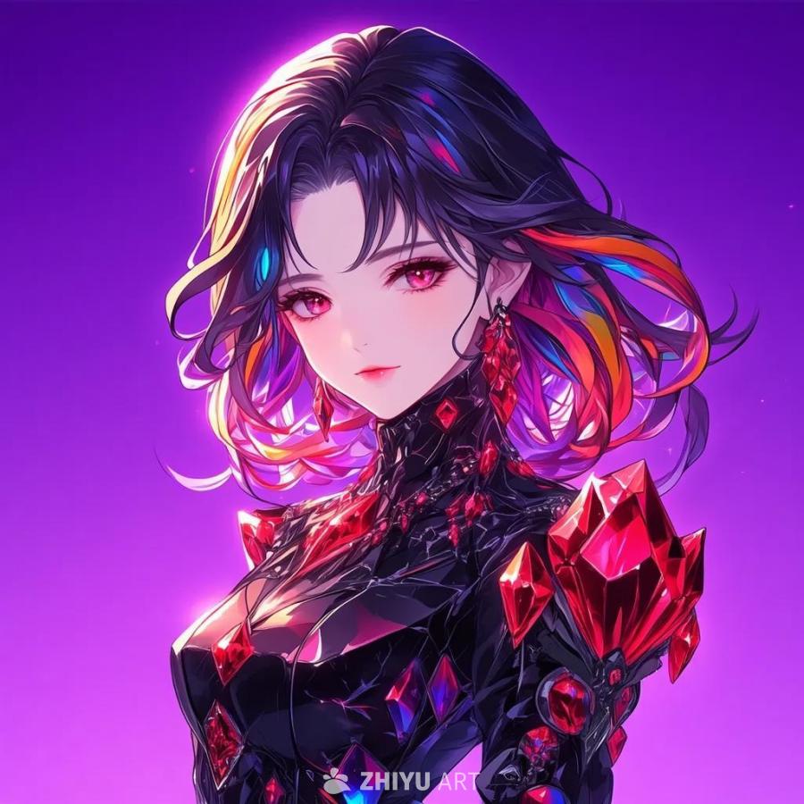 一个动漫少女身穿装饰着红色水晶的黑色贵族礼服，站在