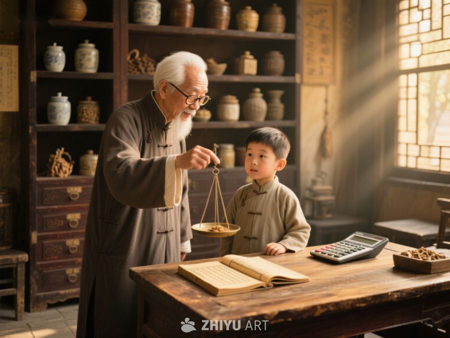 老者与孩童在古色古香的室内称量物品 241