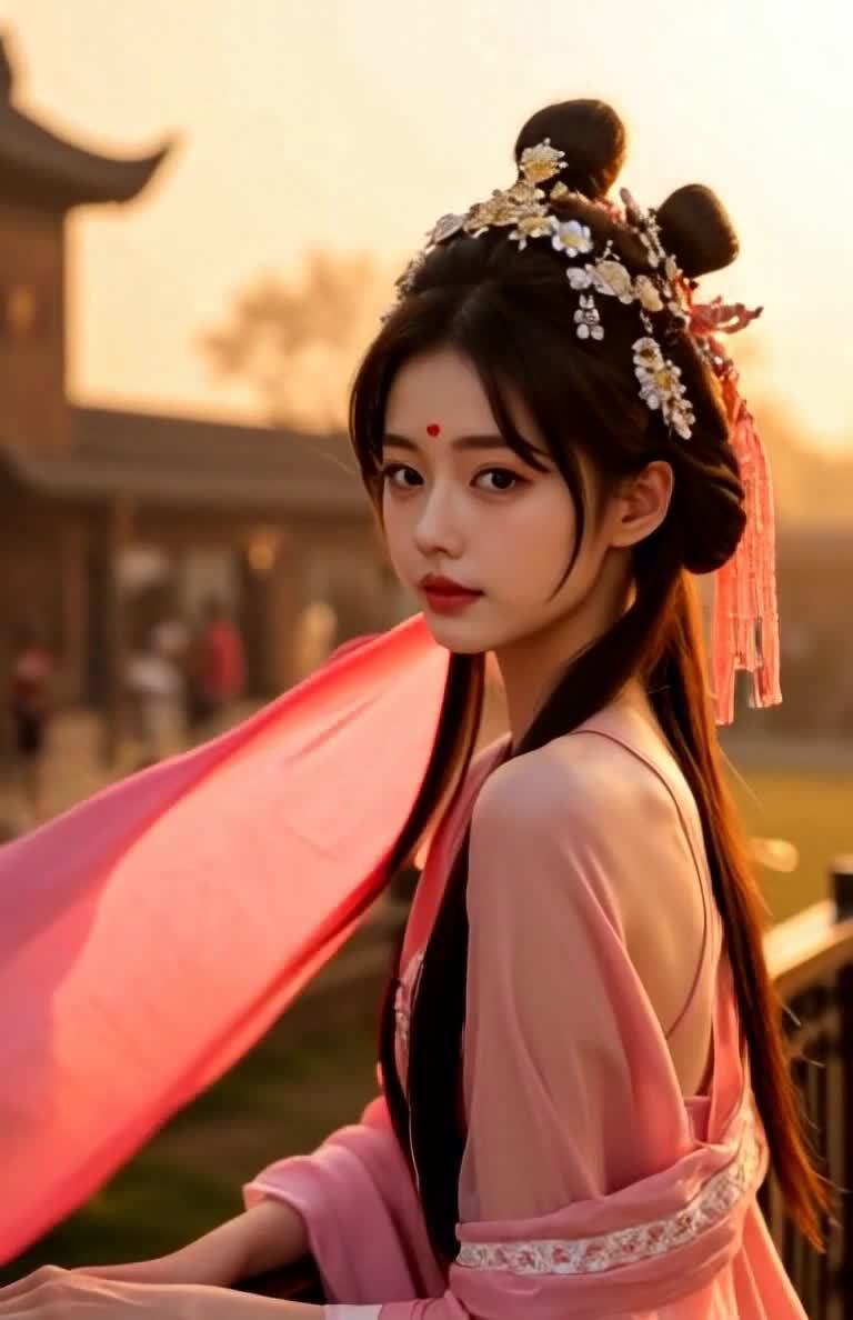一位年轻女子站在户外。她穿着一件粉色的古装，头发梳
