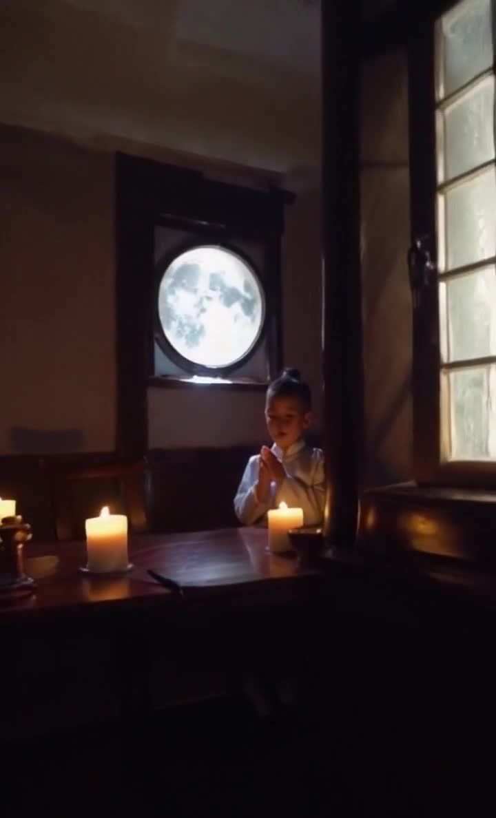 烛光下的祈祷：月亮窗前双手合十的女孩